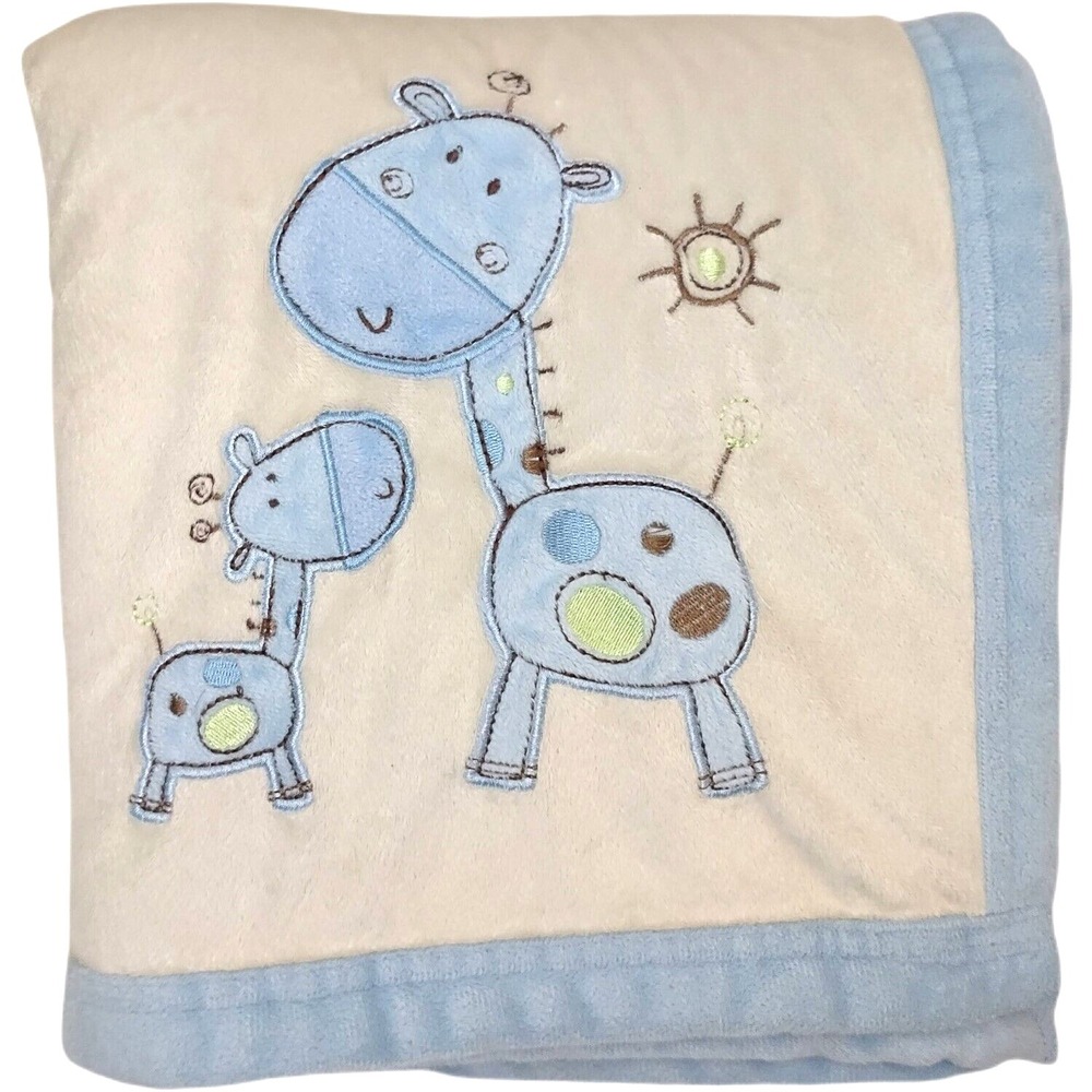 SL Home Fashions RN 119741 Beige Blue Sherpa Giraffe Baby Blanket * FLAW *